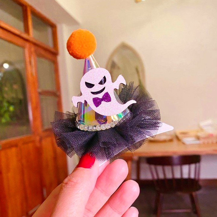 Kẹp tóc Halloween có đèn chớp nháy hình nón phù thủy cá tính phối voan họa tiết ma quái hottrend Baby-S – SHLW001