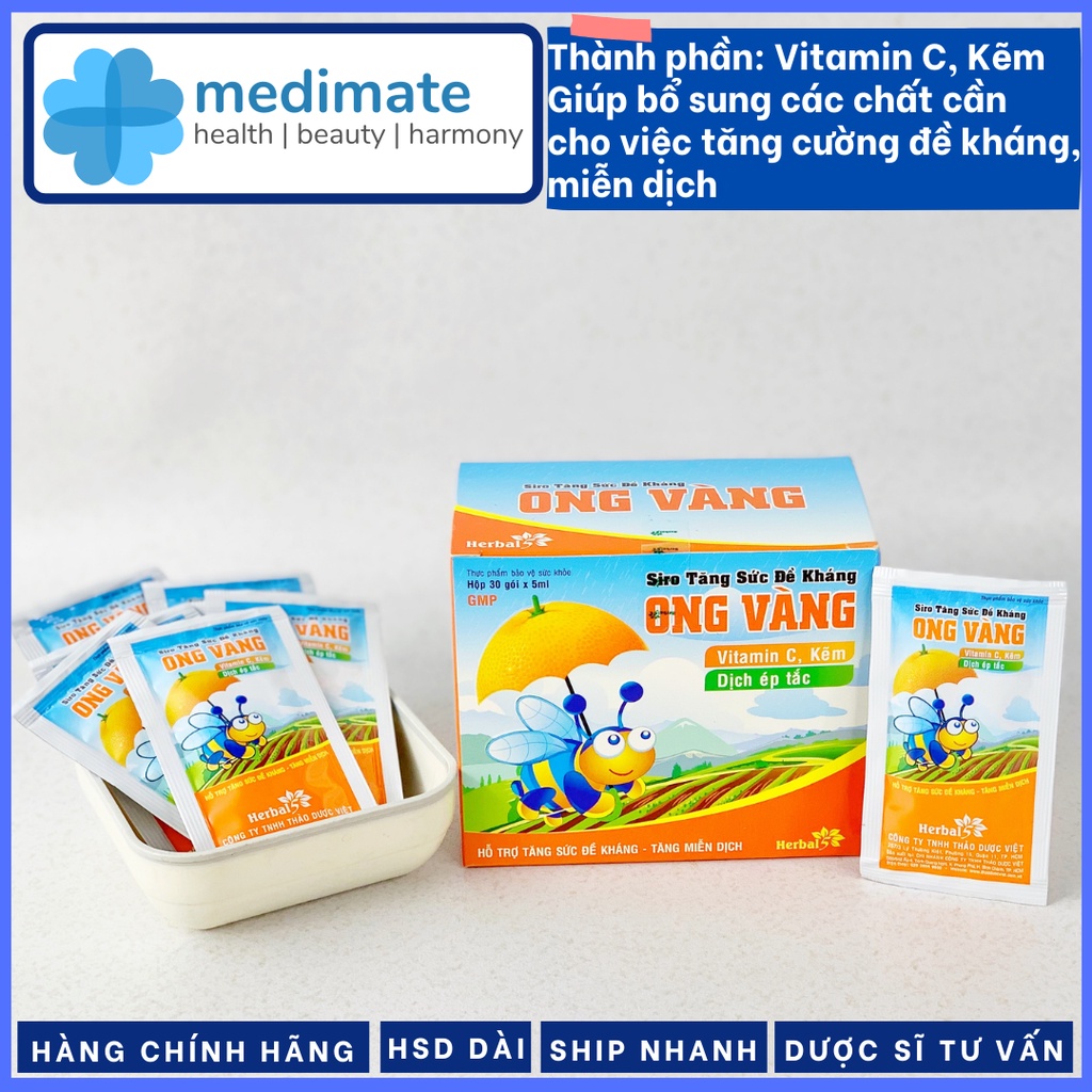 Siro Ong Vàng tăng sức đề kháng cho bé, bổ sung vitamin C và kẽm (Hộp 30 gói x 5ml)