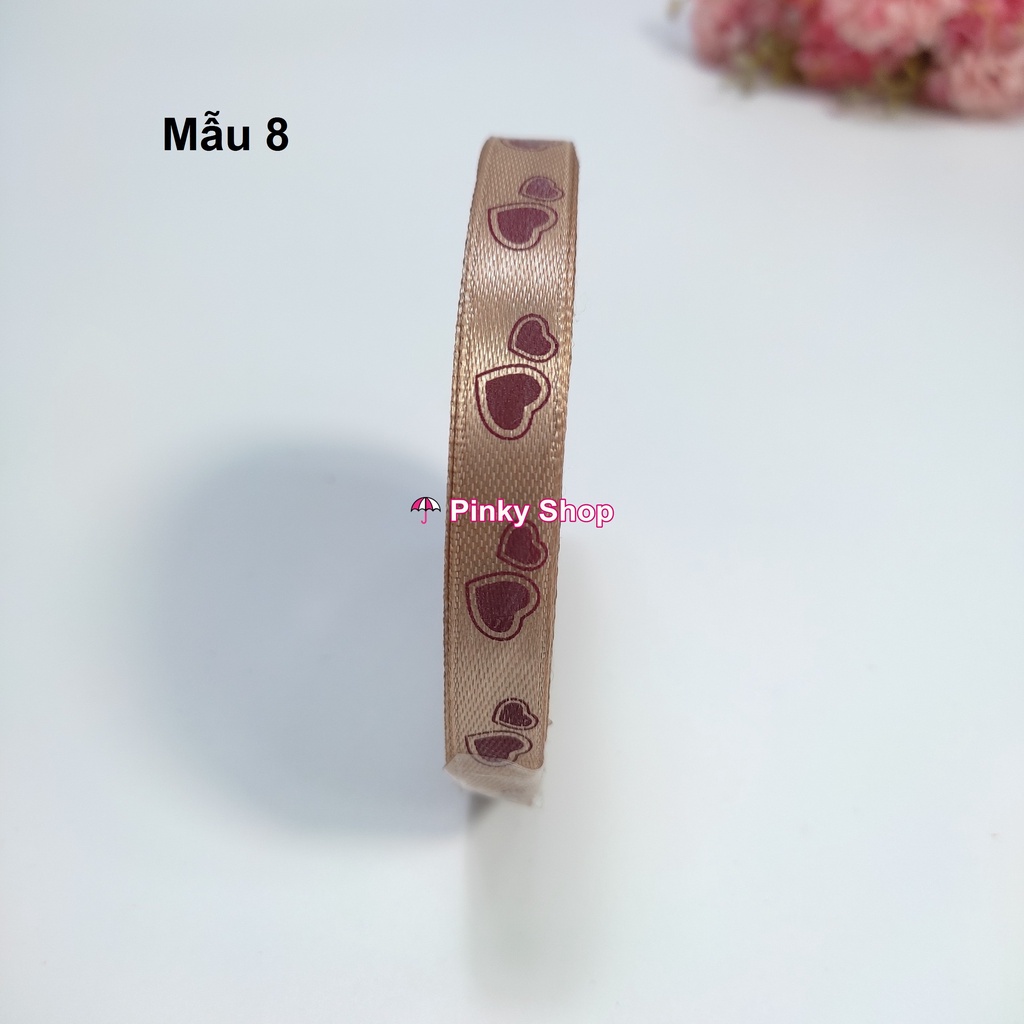 [Giá rẻ] Ruy băng lụa vải họa tiết trái tim 1cm cuộn 1m dùng may đồ làm phụ kiện handmade Pinky Shop mã RBHT1-1CM