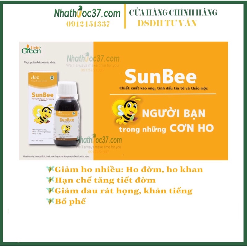 Siro ho Sunbee hỗ trợ giảm ho đờm, ho khan, đau rát họng, viêm họng. Giúp bổ phế, hạn chế kháng sinh