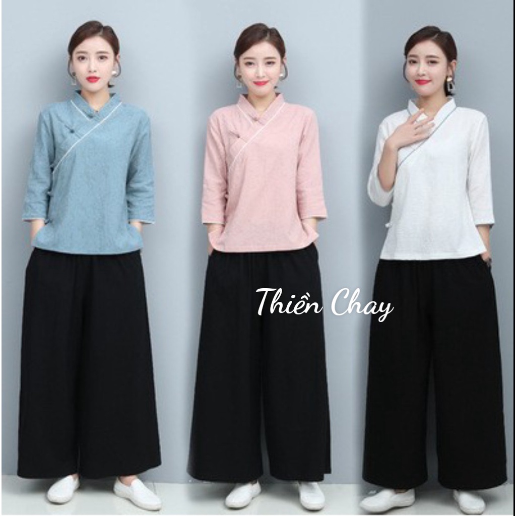 Đồ lam đi chùa vải đũi pha cotton mềm cao cấp Bộ nữ cổ viền vạt chéo