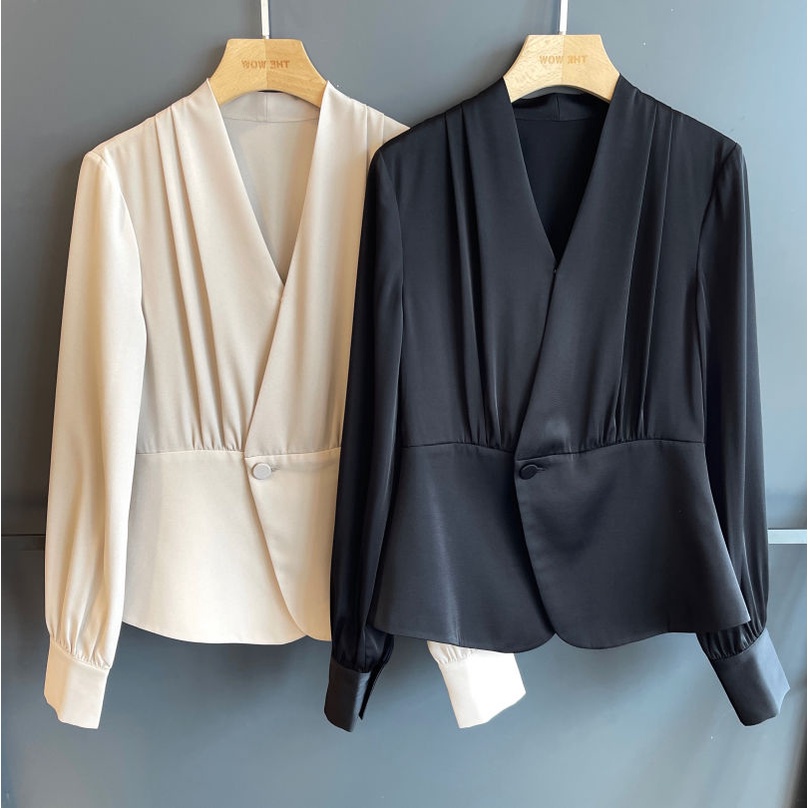 Áo kiểu BH tay dài cổ chữ V phong cách vintage thời trang mùa xuân 2022