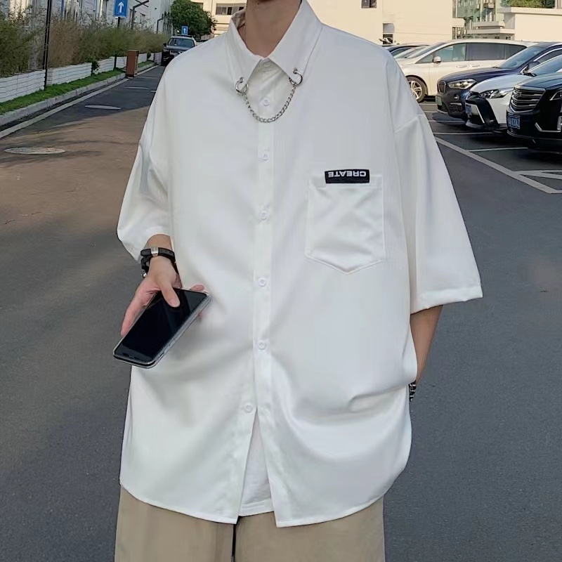 Áo Sơ Mi Lụa Lạnh Tay Ngắn Dáng Rộng Phong Cách Thời Trang Nhật Hàn Cho Nam Giới