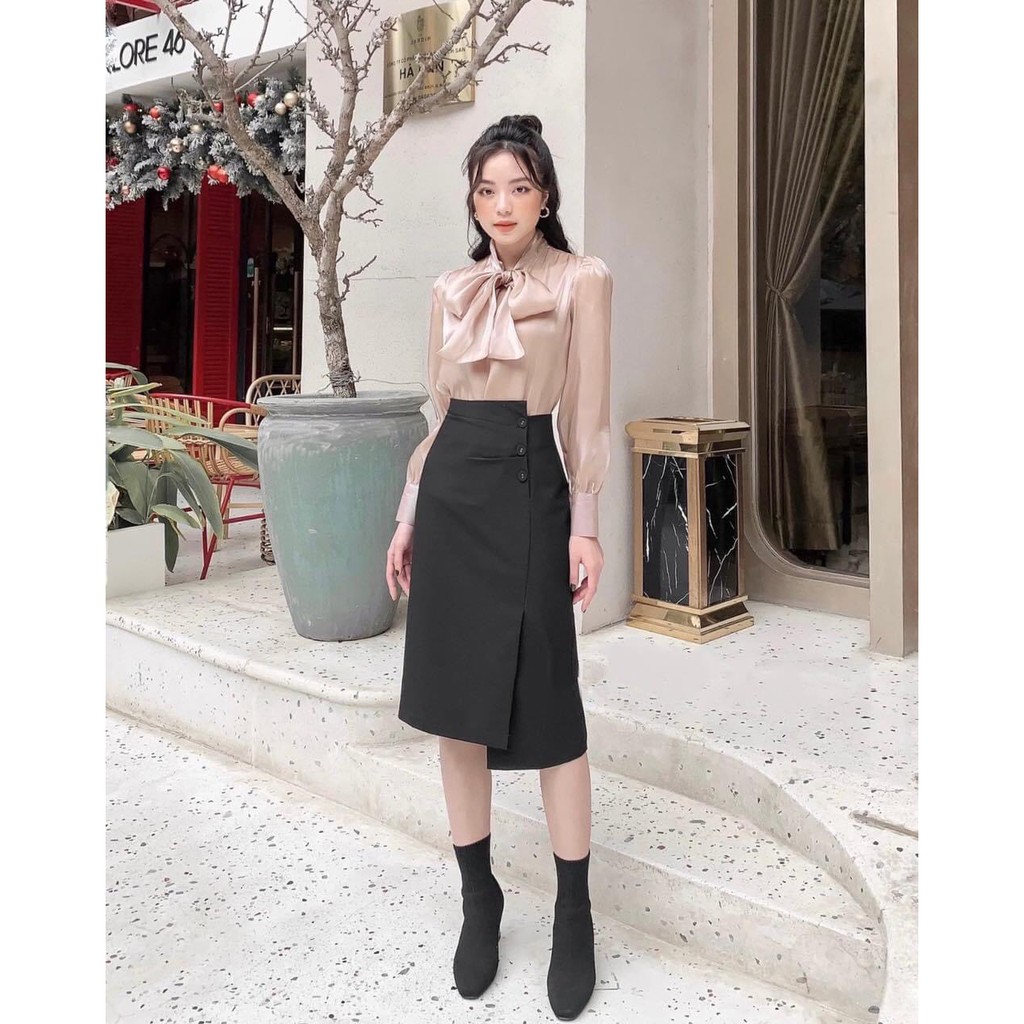 chân váy công sở- chân váy bút chì vạt lệch xếp ly cúc bọc | BigBuy360 - bigbuy360.vn