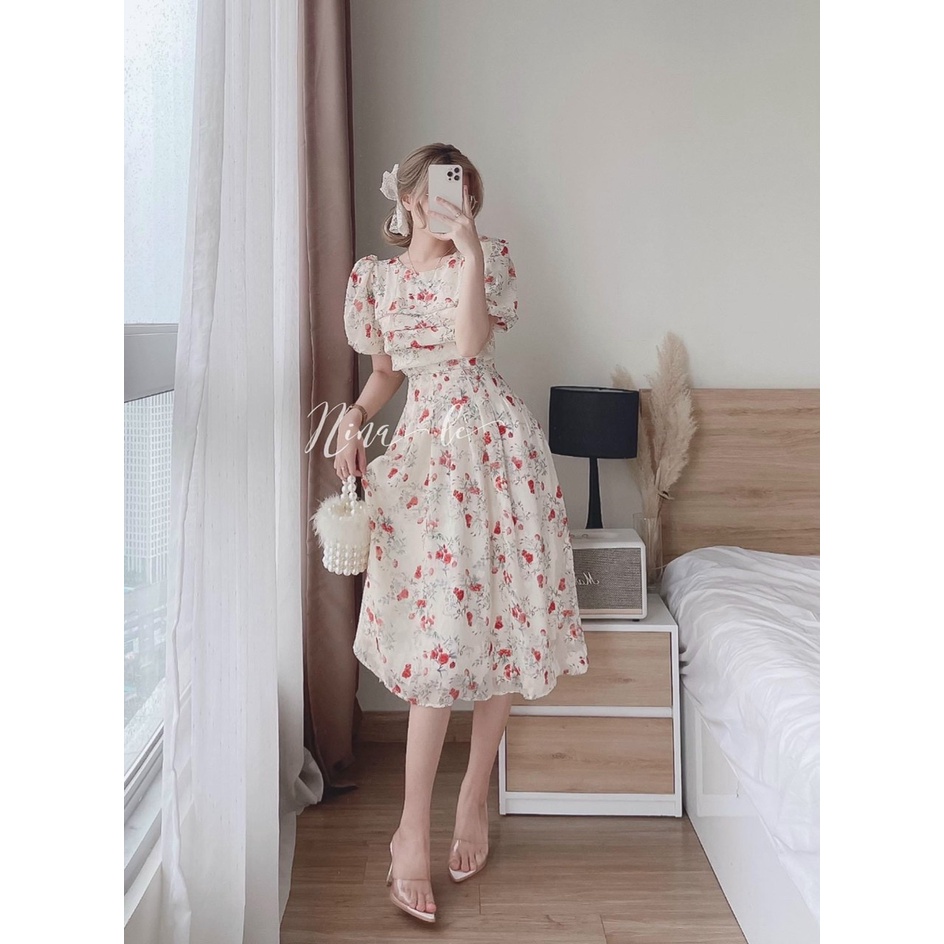 Váy đầm nữ tay ngắn cổ tròn xếp ly ngực chất voan hoa  kiểu dáng trẻ trung quý phái