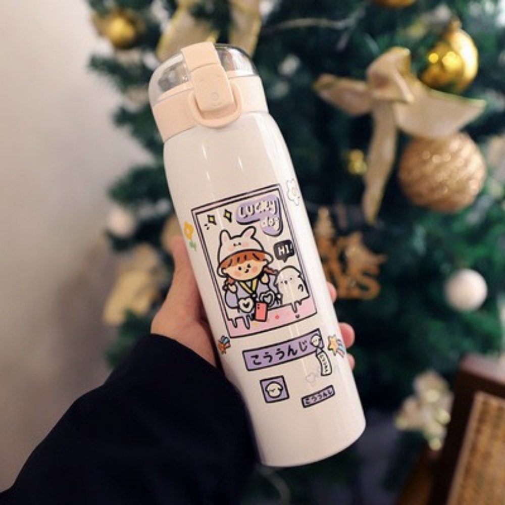 Bình giữ nhiệt INOX 304 họa tiết dễ thương có ống hút , bình giữ nhiệt 500ml loại tốt
