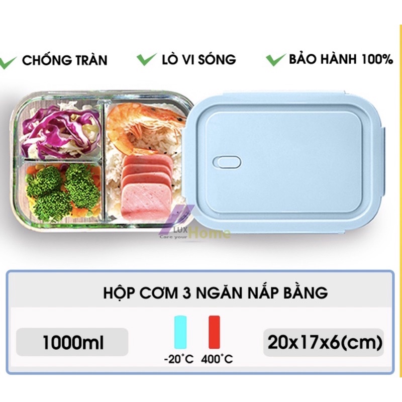 Hộp Cơm Thủy Tinh 3 Ngăn Xanh Dương - Nắp Chống Tràn - Hộp Mang Cơm Văn Phòng Tiện Lợi - Quay Được Lò Vi Sóng