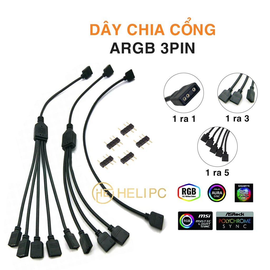 Dây chia ARGB 5V 3pin loại 1 ra 1/ 3/ 5 kèm jump 2 đầu đực tương ứng với đầu chia