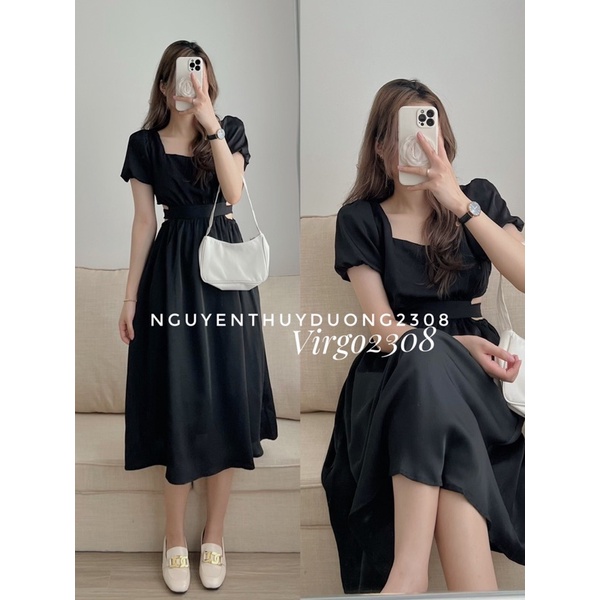 [HÀNG SẴN]VÁY MIDI CHẤT LỤA TRƯỢT CUTOUT CÓ DÂY THẮT NƠ EO “Misani dress”