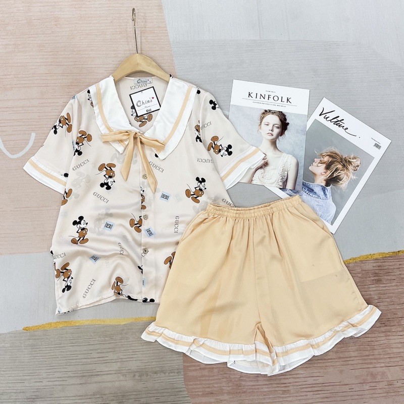 Đồ bộ nữ pijama mặc nhà lụa ngủ dễ thương áo cộc quần đùi hoạ tiết cổ nơ xinh xắn JUSOKA