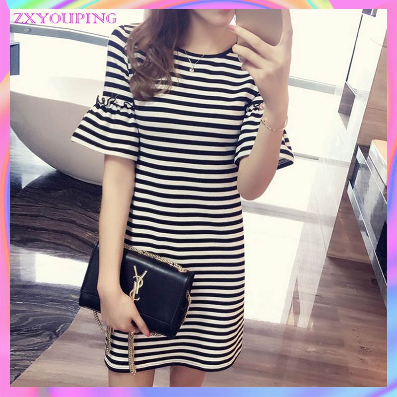 Đầm Thun Tay Loe Họa Tiết Kẻ Sọc Dáng Ôm Size M-3XL Thời Trang Mùa Hè Mới Cho Nữ