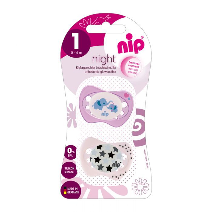 Ty ngậm phát sáng ban đêm silicone Nip Night, vĩ 2 cái