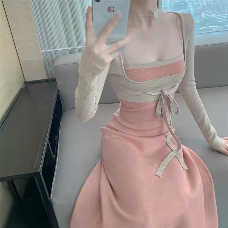 Đầm hai dây dệt kim phối dáng ôm thời trang Pháp cho phái nữ