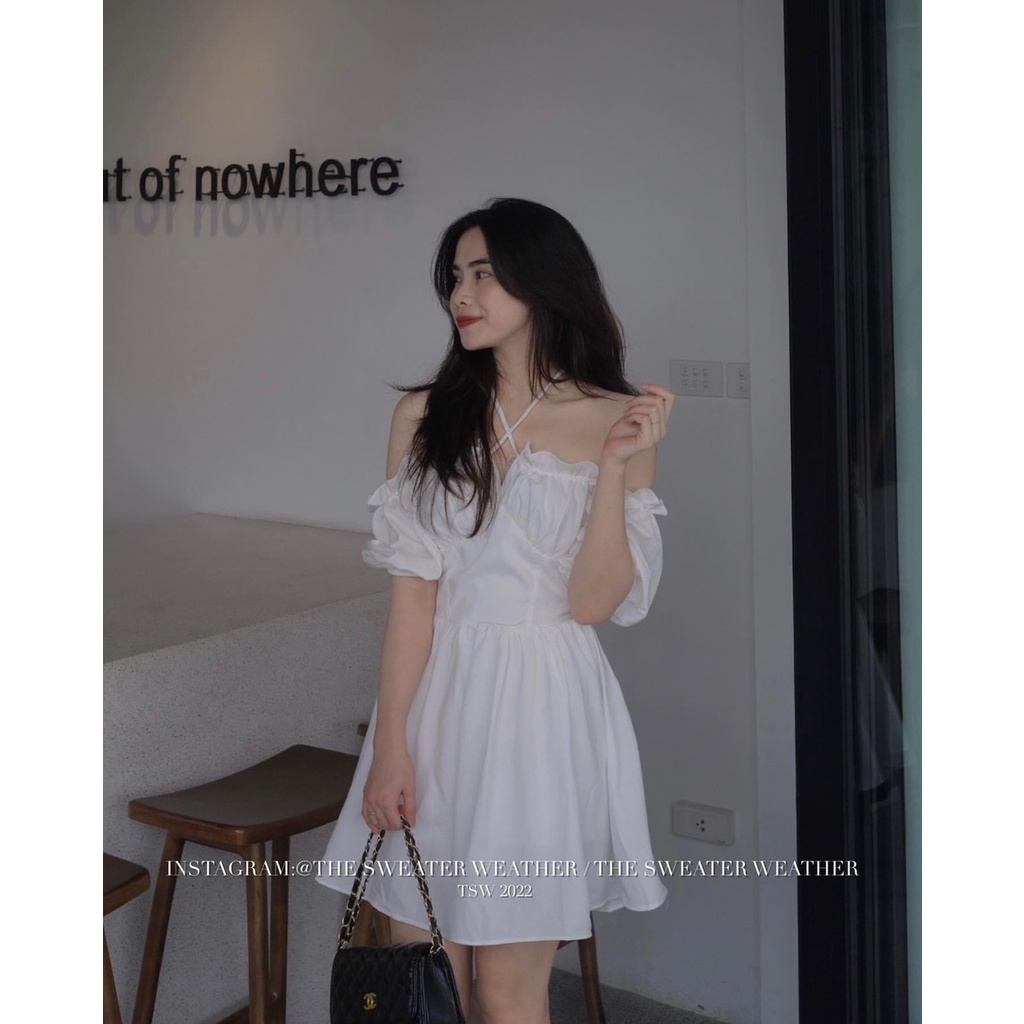 Váy Trễ Vai Dây Chéo Cổ Tay Bồng - Đầm Trắng Vintage Tiểu Thư Phong Cách Hàn Quốc