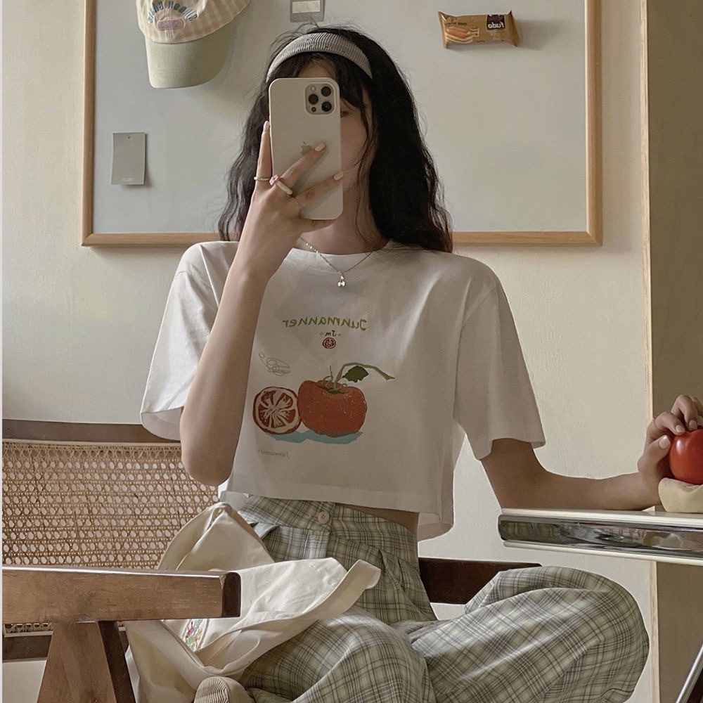 Áo thun croptop SUXI eo cao tay ngắn cổ tròn in hình trái cây đơn giản thời trang mùa hè cho nữ