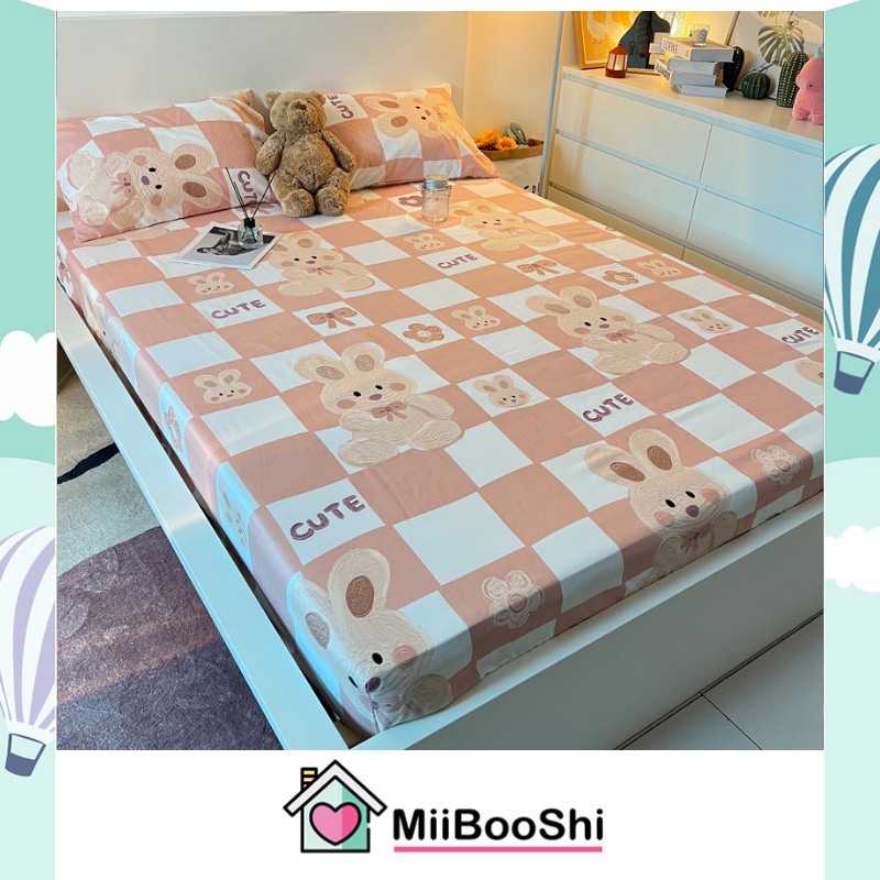 Bộ ga gối sét 3 món mẫu thỏ hồng phong cách Hàn Quốc chất cotton bọc chun kích thước M6 M8 mẫu mới 2022