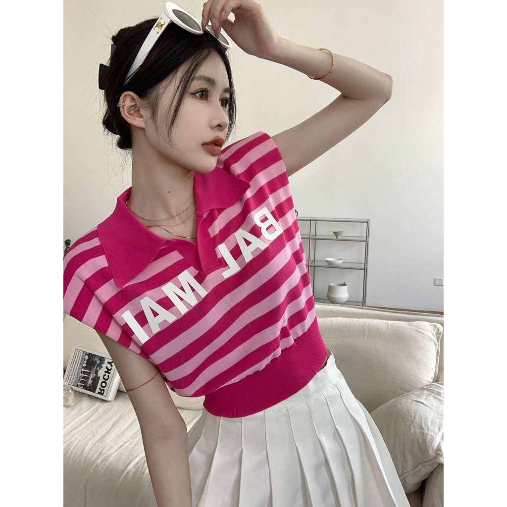 Áo POLO Dệt Kim Trễ Vai Kẻ Sọc Ôm Dáng Thời Trang Hàn Quốc Cho Nữ