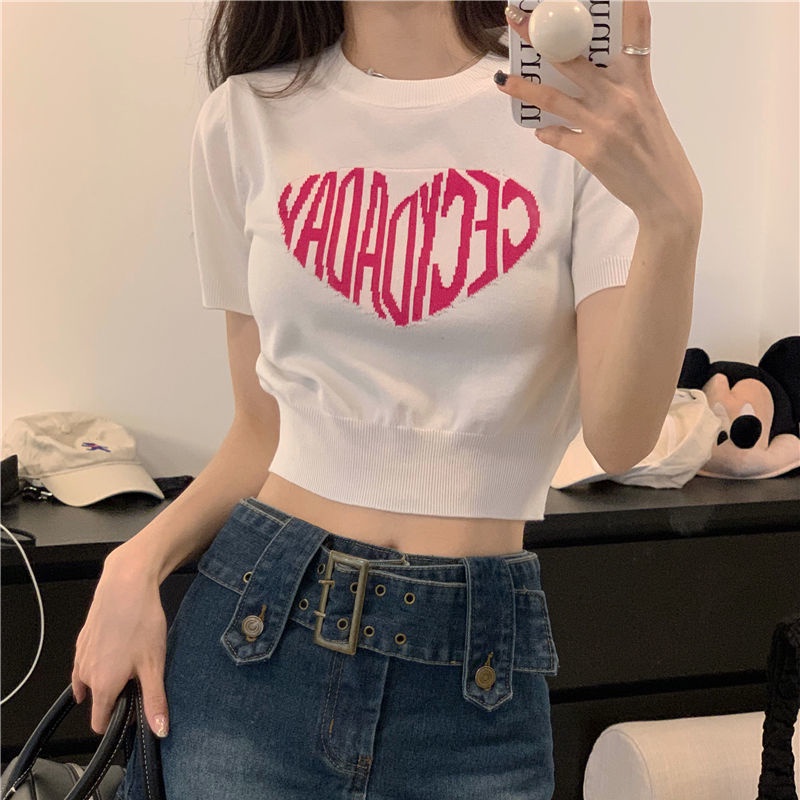 Áo Thun Dệt Kim Màu Xanh Đen Trắng Tay Ngắn Dáng Ôm Croptop Chữ Phong Cách Hàn Quốc Loại 1