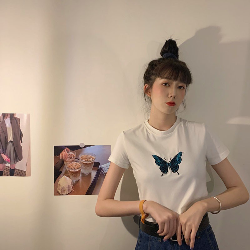 Áo thun croptop tay ngắn thêu họa tiết bướm thời trang hè phong cách Hàn Quốc