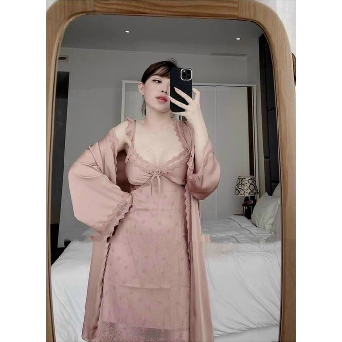 SÉT CHOÀNG NGỦ LỤA gồm áo choàng và váy tiểu thư REN NGỰC QUYẾN RŨ