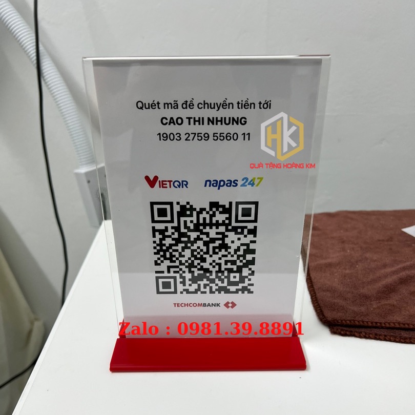 Menu mica quét mã QRCode,mica đế lùa, bảng QRcode kệ mica tài khoản thanh toán ngân hàng kích thước A6 15*10cm nhiều màu