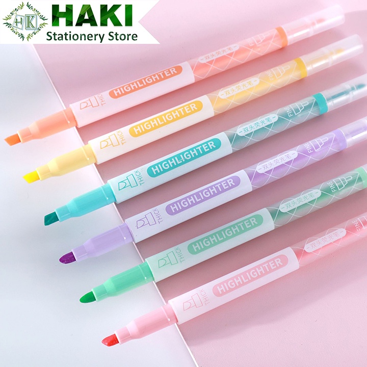 Bút dạ quang HAKI, bút đánh dấu hai đầu nhiều màu macaron nhớ dòng nhấn dòng highlighter dụng cụ văn phòng phẩm B17