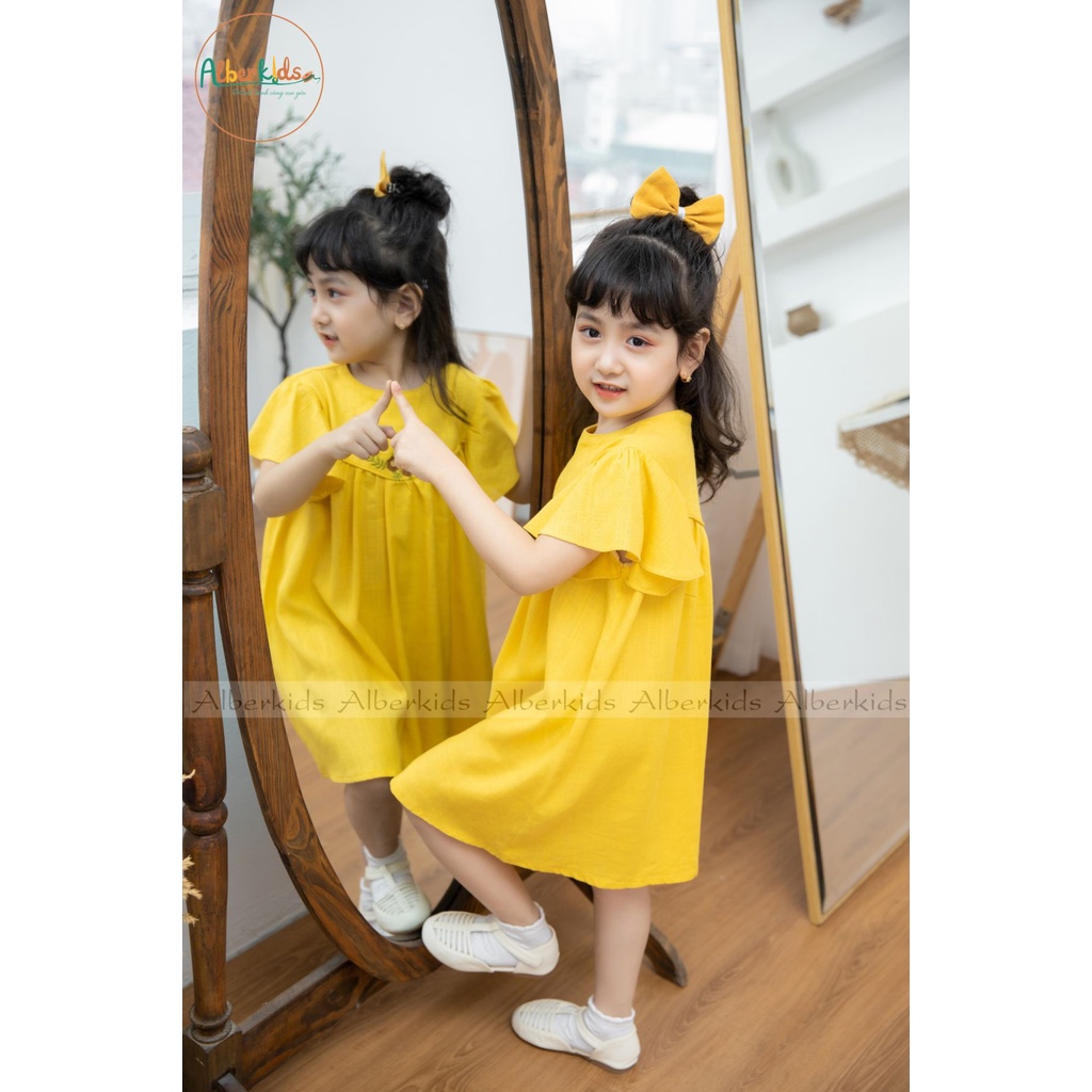 váy cho bé gái ALBER KIDS vàng thêu hoa công chúa xinh đẹp chất liệu đũi xước mùa