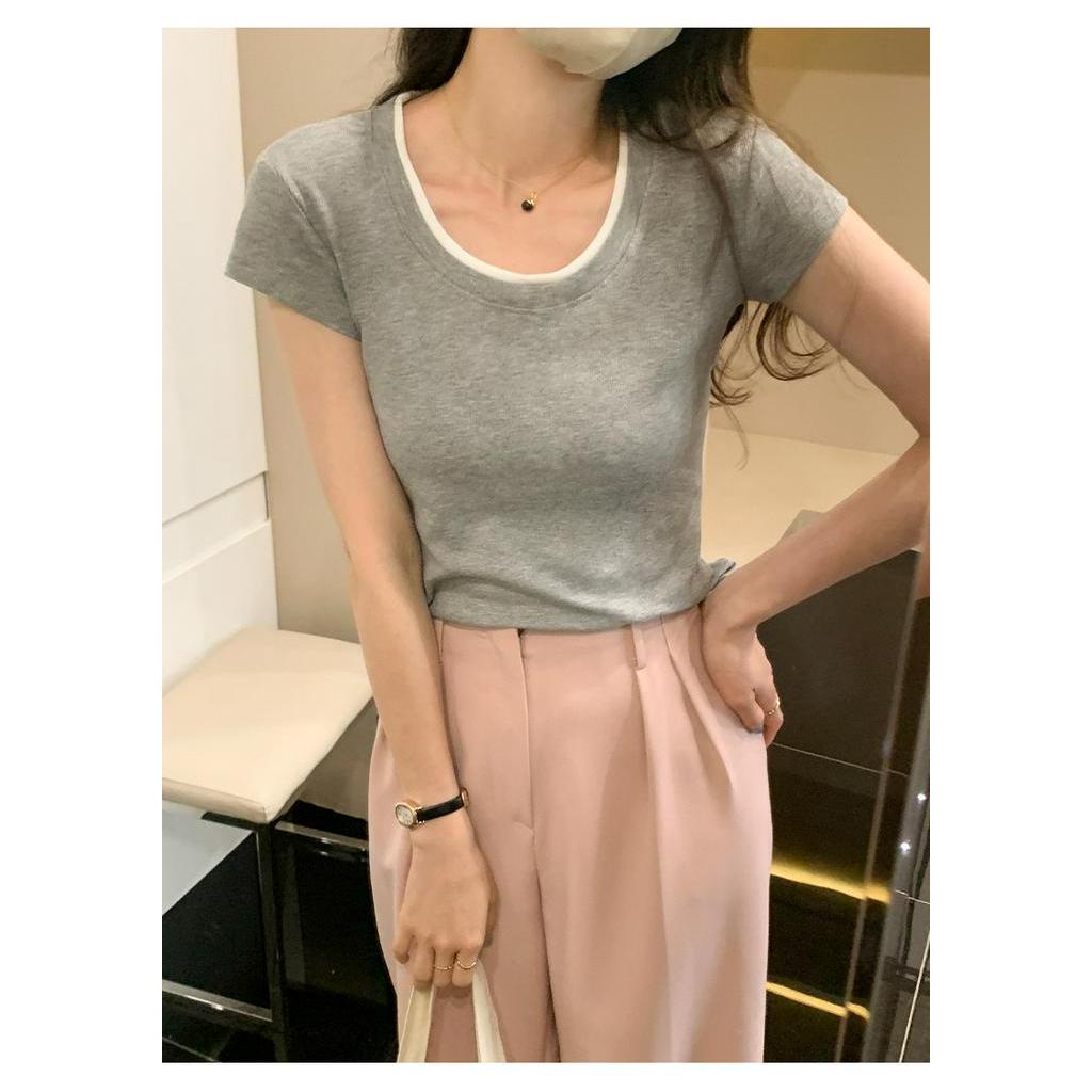 Áo Thun Ôm Cổ Chữ U Tay Ngắn Màu Sắc Tương Phản 63743