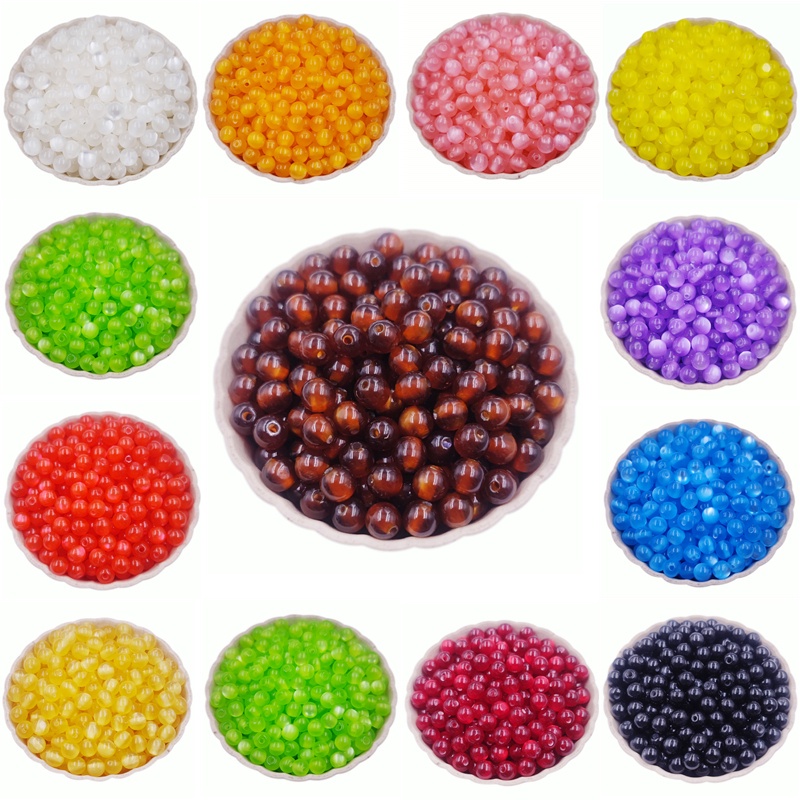 Bộ 20/40/50 hạt đá mắt mèo nhân tạo 6/8/10mm có lỗ sâu dùng để tự làm vòng cổ/vòng tay màu kẹo