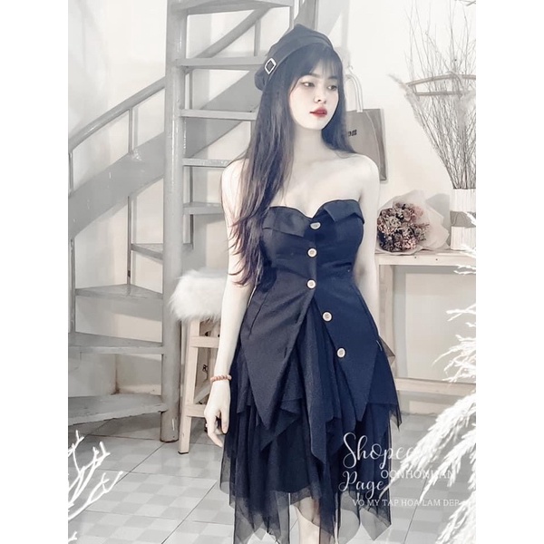 Set áo ống cúp ngực nhún thun sau và chân váy lưới nhọn alohashop91