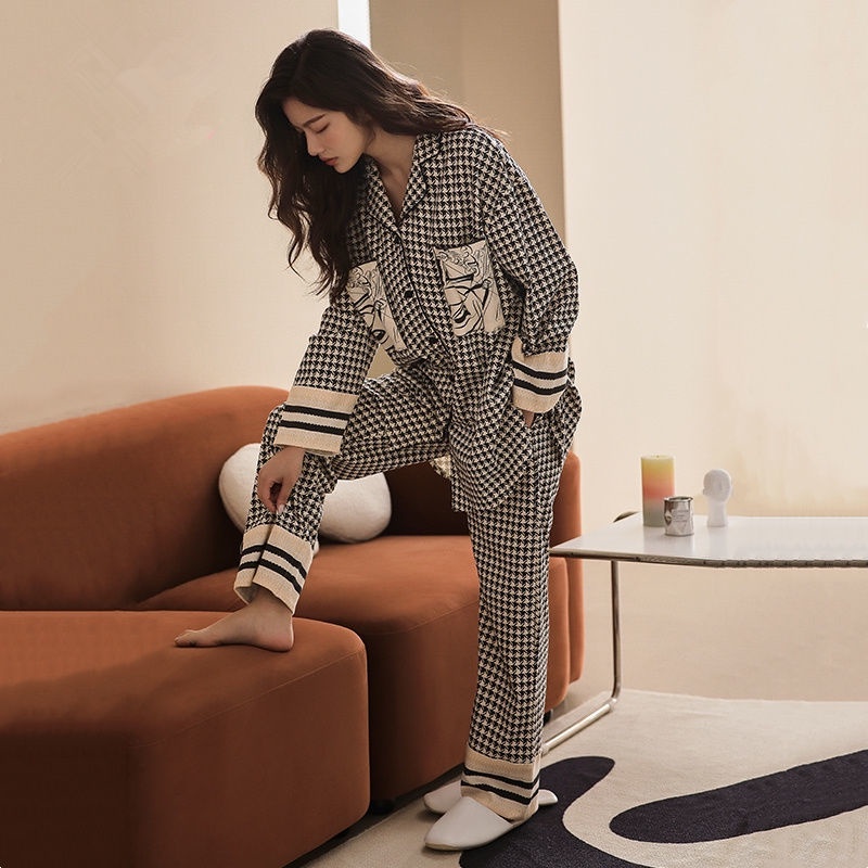 ❤️ Bán Nóng❤️Bộ Đồ Ngủ Hai Mảnh Dáng Rộng Tay Dài In Họa Tiết Houndstooth Phong Cách Mới Cho Bạn Gái