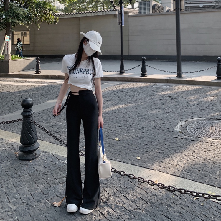 SUXI Quần dài ống rộng lưng cao màu đen trơn thời trang xuân hè cho nữ