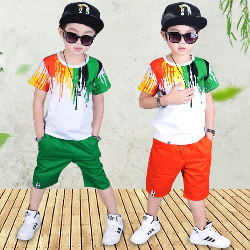 Set áo cổ tròn tay ngắn + quần ngắn phối màu dễ thương cho bé trai