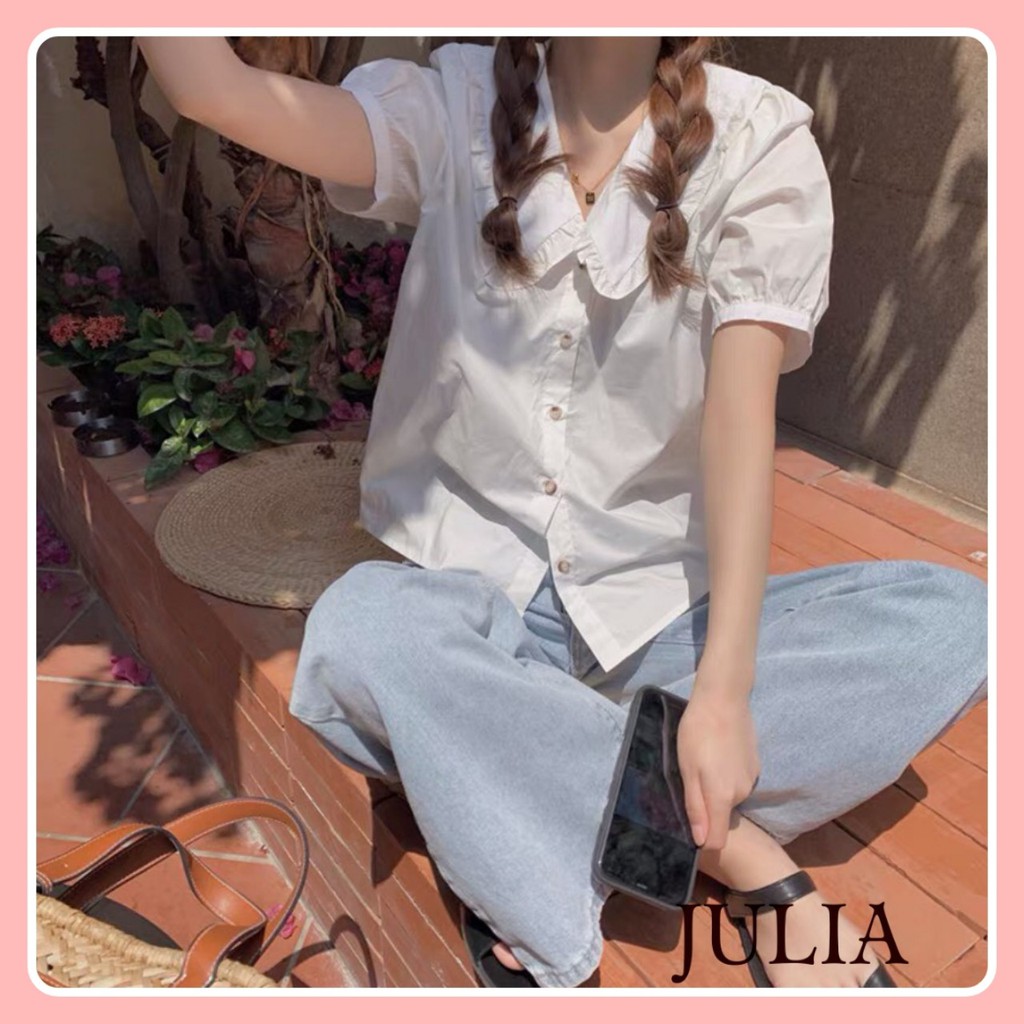 Áo sơ mi nữ màu trắng ngắn tay JULIA ,kiểu áo nữ cộc tay cổ sen cá tính A11
