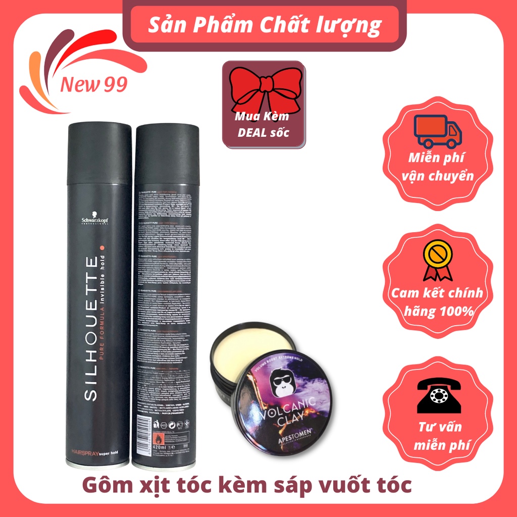 Combo Gôm xịt tóc nam tạo kiểu tóc chính hãng silhouette 420ml kèm sáp vuốt tóc VCN tặng lược