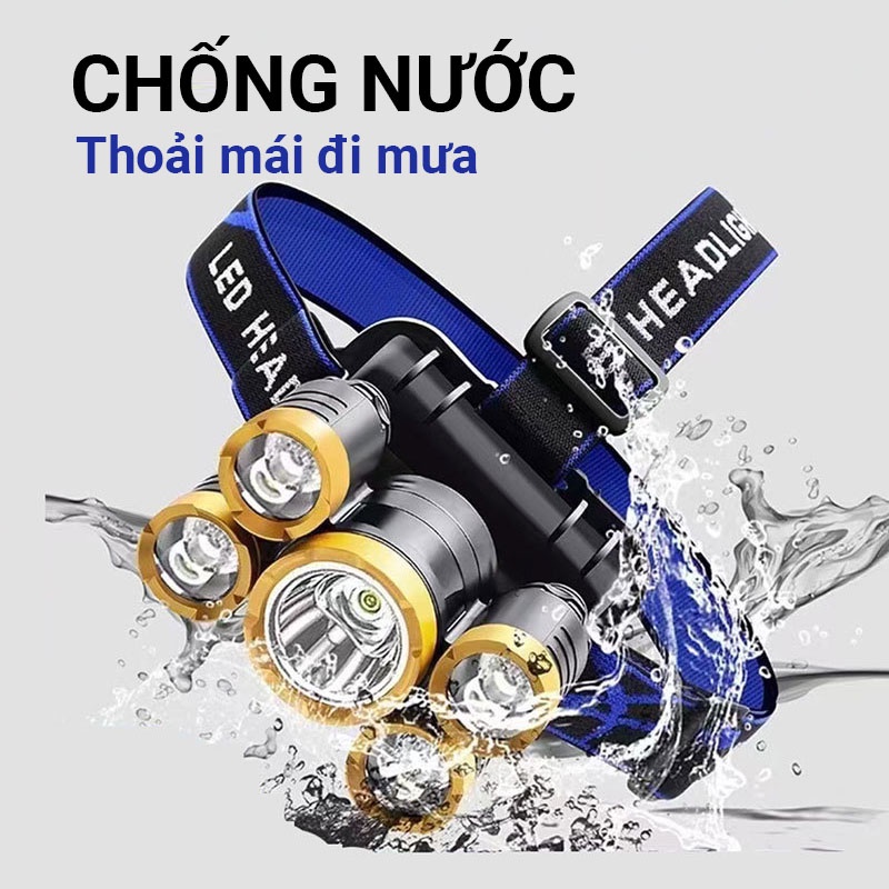 Đèn Pin Đeo Đầu 5 Bóng Siêu Sáng Với 4 Chế Độ Chiếu Xa, Rộng, Nháy Đèn, Đèn Pin Đeo Chán Chống Nước
