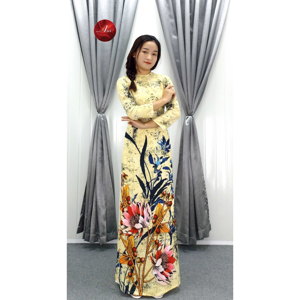 Áo dài nữ cổ tròn hoa tiết 3d chìm lụa nhật cao cấp - Áo dài Airi