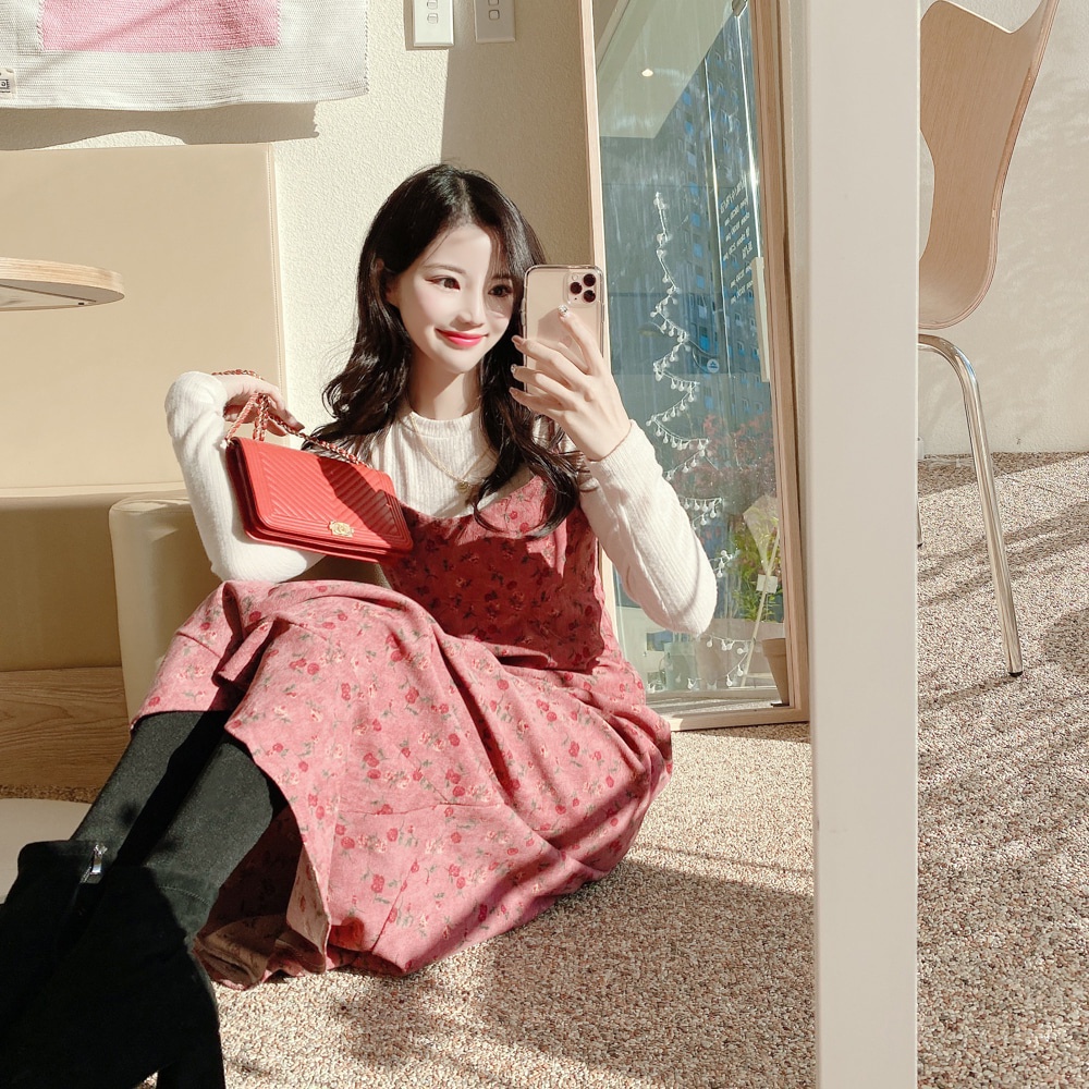 Áo thun màu trơn/ Đầm hai dây SUXI họa tiết hoa phong cách Hàn Quốc thời trang thanh lịch dành cho nữ