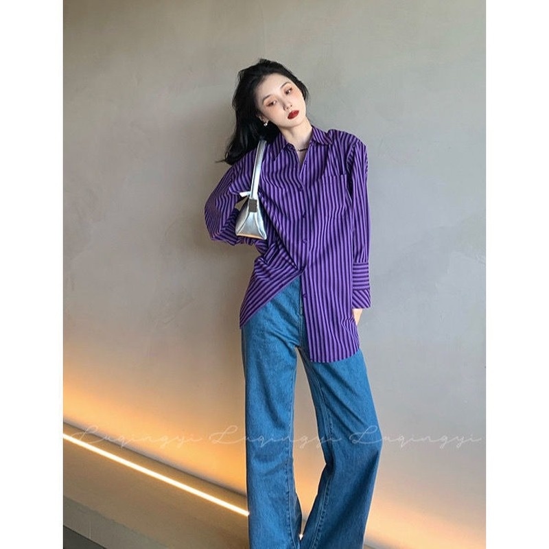 Áo Sơ Mi Tay Dài Dáng Rộng Kẻ Sọc Tím Size Lớn S-3XL Thời Trang Cho Nữ