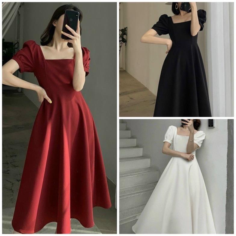 X2 Đầm đỏ dự tiệc dáng xoè cổ vuông tay ngắn váy trắng cưới cô dâu tinh khôi dịu dàng công chúa