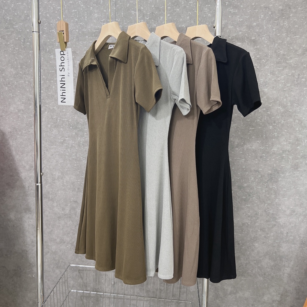 Váy thun  cổ bẻ xòe ôm eo, Đầm thun dáng ôm sexxy ngắn tay VS23 - NhiNhi Shop