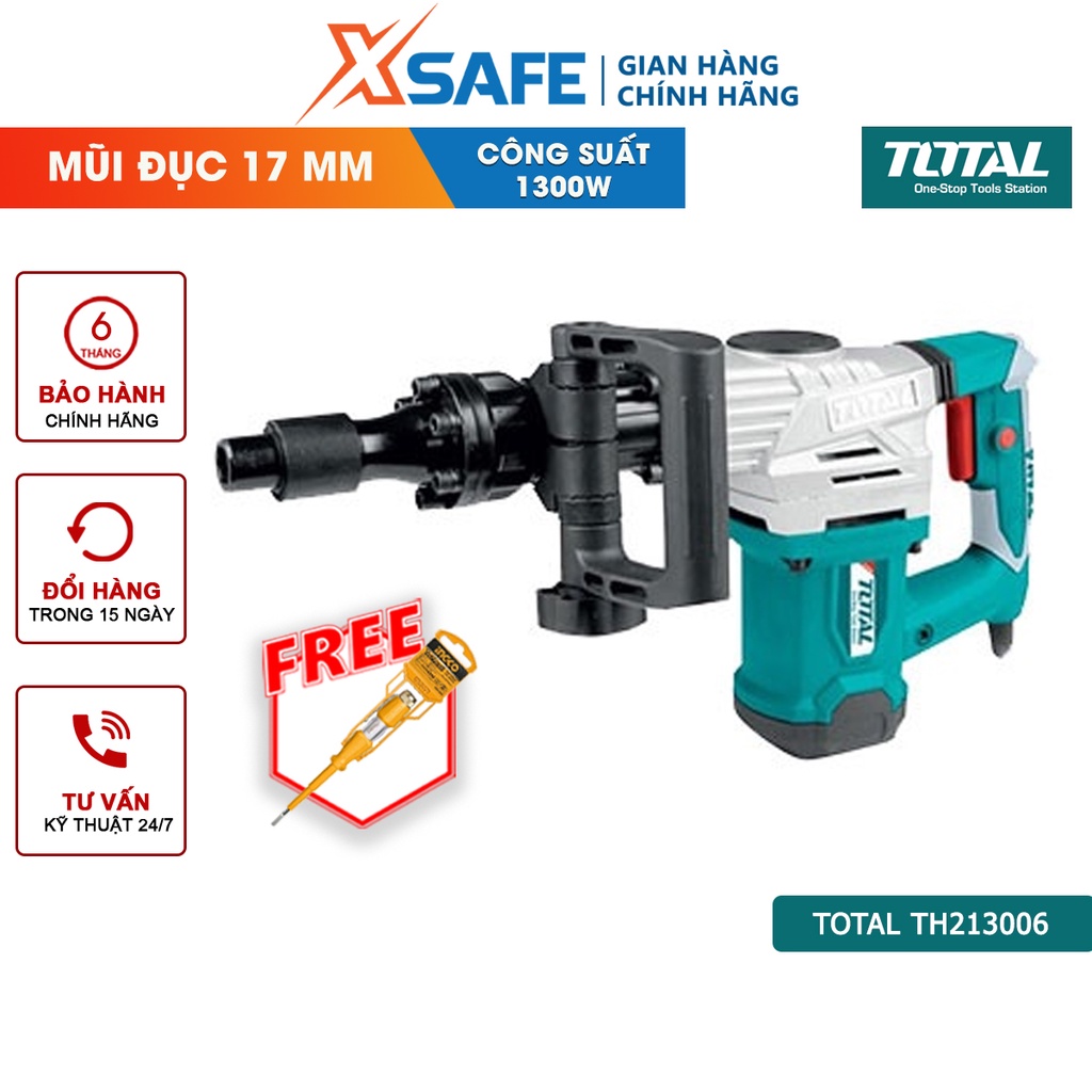 Máy đục bê tông TOTAL TH213006 công suất 1300W, tốc độ đập 3800 bpm, lực đập 20J, kèm 2 mũi đục 17mm - chính hãng