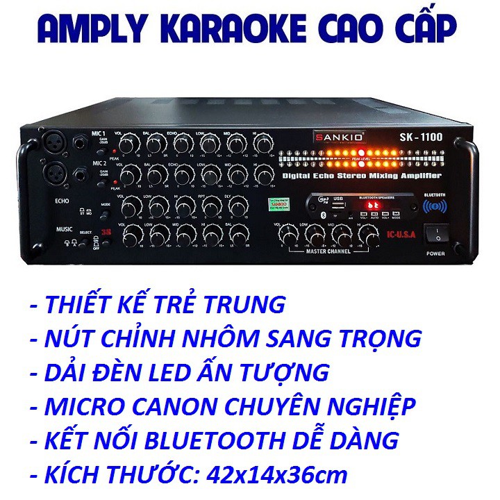 Amply Bluetooth SANKIO SK-1100 - Ampli Karaoke gia đình 8 sò Nhật lớn - Đèn nháy cực đẹp