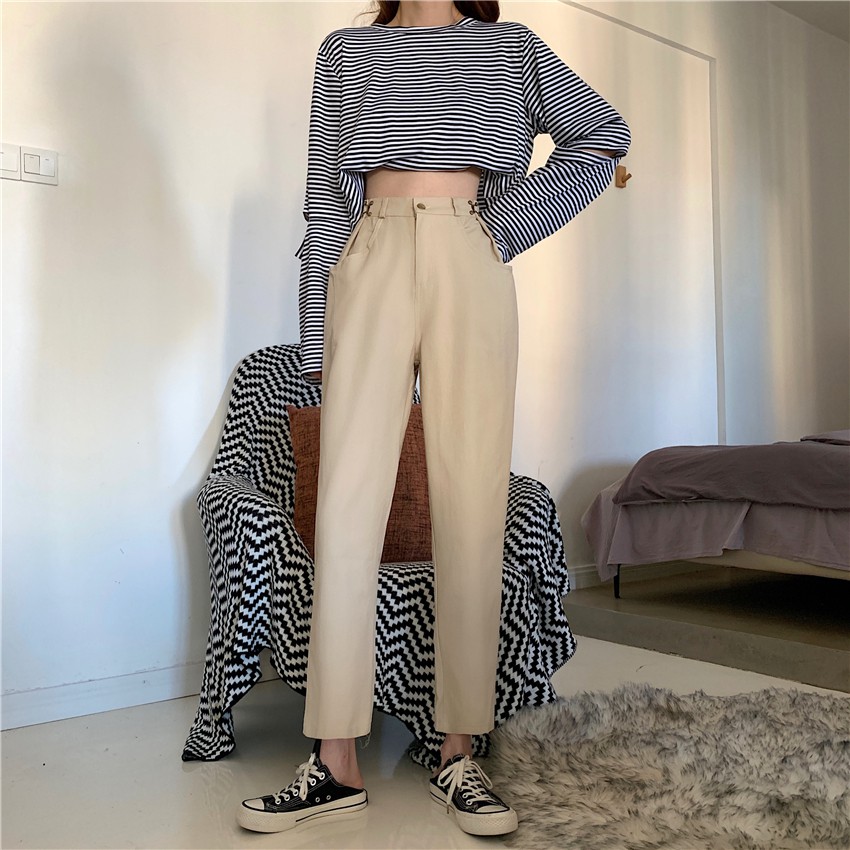 Quần Dài Lưng Cao Ống Rộng Màu Trơn Phong Cách Trẻ Trung | BigBuy360 - bigbuy360.vn