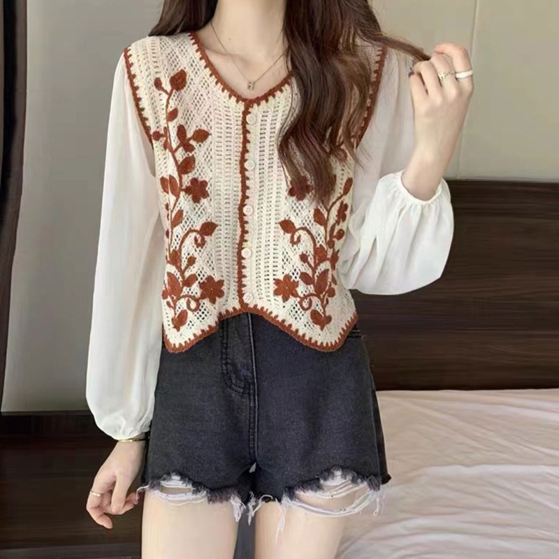 Áo Sơ Mi Chiffon Dài Tay Cổ Chữ V Thêu Hoa Phong Cách Pháp