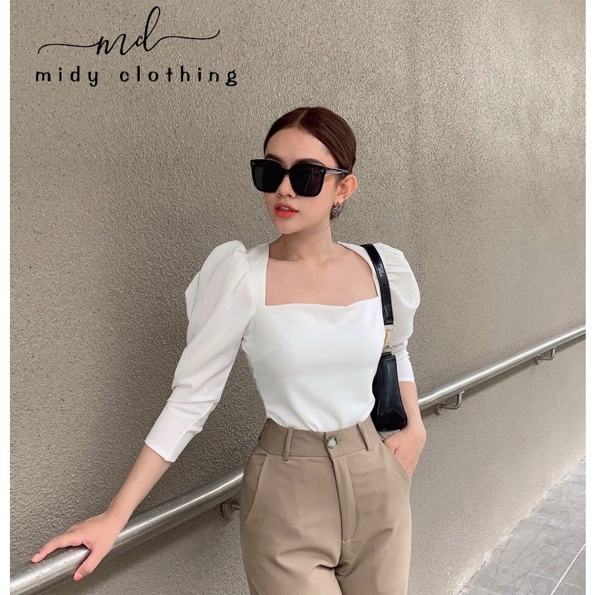 Áo kiểu nữ thiết kế cổ vông tay phồng màu đen