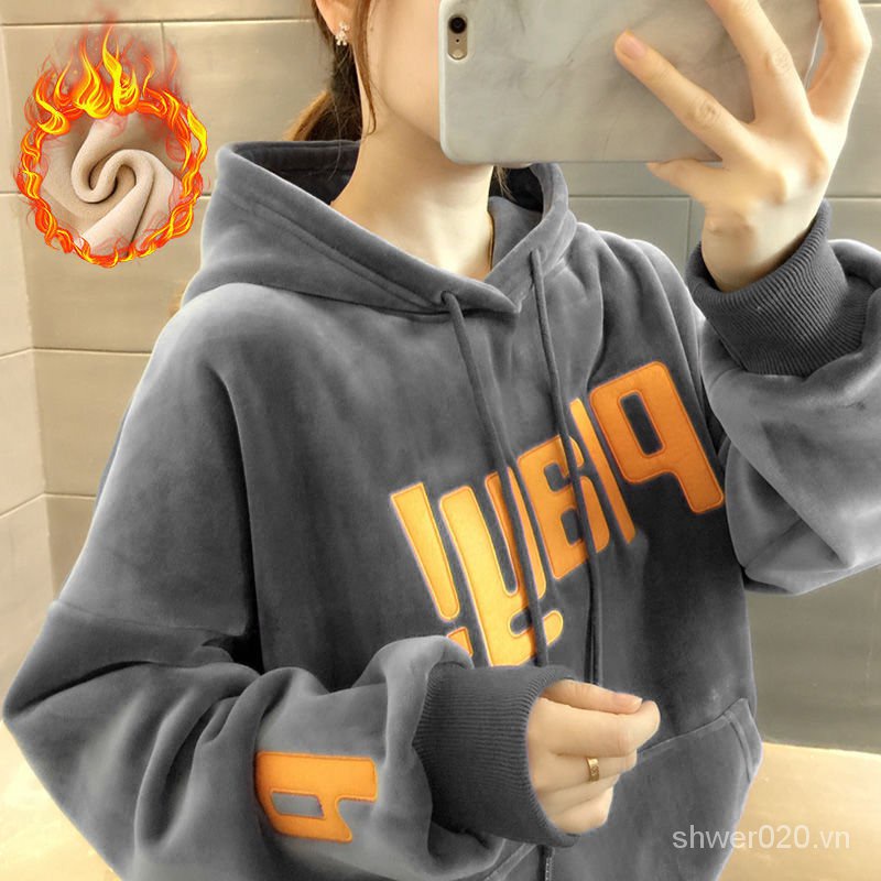 Áo Sweater Có Mũ Trùm Hai Mặt Tay Dài Dáng Rộng Bằng Nhung Kích Thước Lớn Cho Nữ