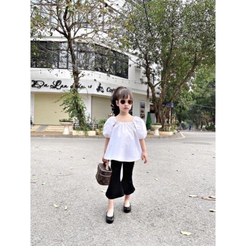 set áo trắng trễ vai quần ống loe cho bé