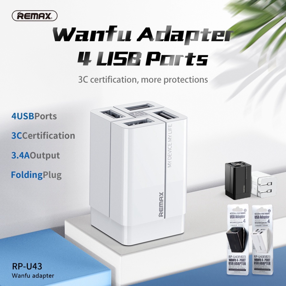 Củ Sạc 4 Cổng USB Chính Hãng Remax RP-43 Sạc Được Nhiều Thiết Bị Cùng Lúc Nhỏ Gọn Tiện Dụng