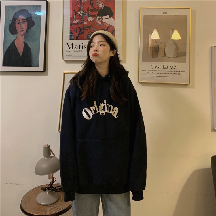 Áo hoodie tay dài dáng rộng in chữ phong cách Hàn Quốc mới dành cho nữ 2021